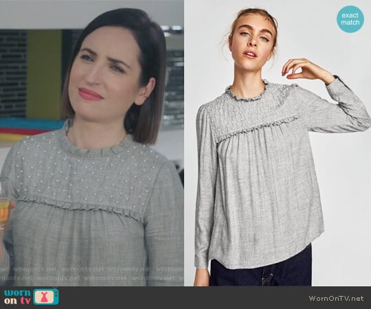 Zara Blouse with Pearl Beads worn by Jennifer Short (Zoe Lister-Jones) on Life in Pieces