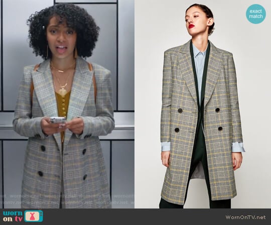 Zara Checked Coat worn by Zoey Johnson (Yara Shahidi) on Grown-ish