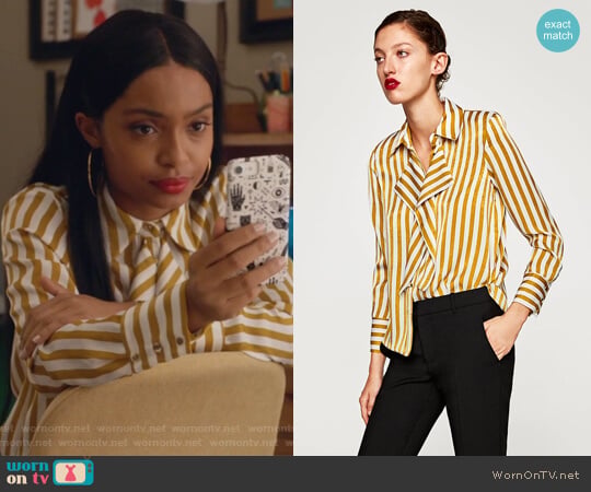 Zara Satin Shirt with Front Detail worn by Zoey Johnson (Yara Shahidi) on Grown-ish
