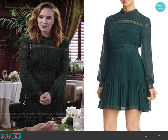 Aqua Pleated Lace-Trim Dress in Hunter Green worn by Mariah Copeland (Camryn Grimes) on The Young and the Restless