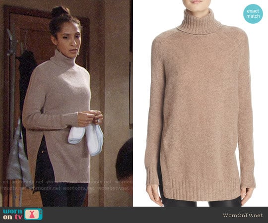 Aqua Cashmere Side-Slit Turtleneck Sweater in Wheat worn by Lily Winters (Christel Khalil) on The Young and the Restless