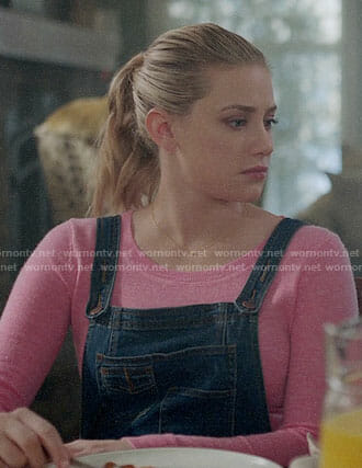 Betty’s pink sweater and denim overalls on Riverdale