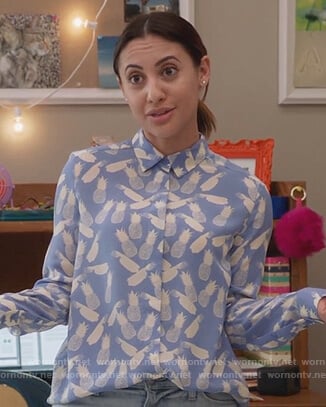 Ana’s blue pineapple print shirt on Grown-ish