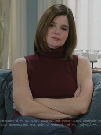 Heather’s burgundy sleeveless turtle neck top on Life in Pieces