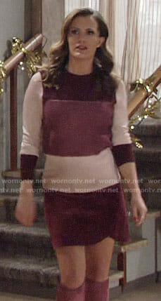 Chelsea’s pink colorblock sweater, velvet skirt and pink boots on The Young and the Restless