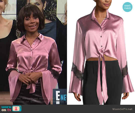 Cinq a Sept Genevieve Button-Front Silk Satin Top with Lace worn by Zuri Hall on E! News