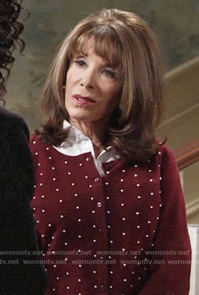 Esther’s red pearl studded cardigan on The Young and the Restless