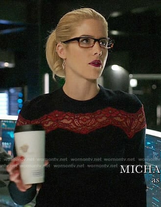 Felicity’s navy dress with red lace stripe on Arrow