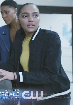 Jennifer’s black eyelet bomber jacket on Black Lightning