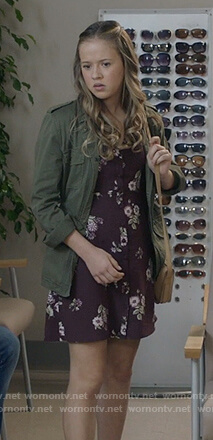 Sam’s burgundy button front floral print dress on Life in Pieces