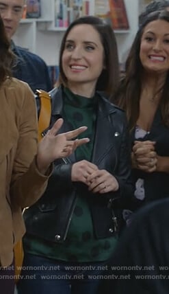 Jen’s green polka dot top and moto jacket on Life in Pieces