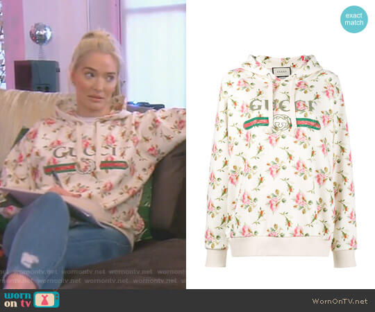 Gucci Rose Print Fake Logo Hoodie worn by Erika Jayne on The Real Housewives of Beverly Hills