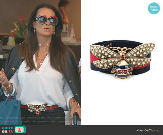 Gucci Bee Embellished Web Belt worn by Kyle Richards on The Real Housewives of Beverly Hills