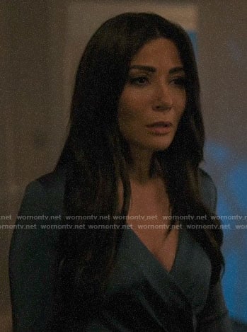 Hermione’s blue wrap top and side ruffle pants on Riverdale