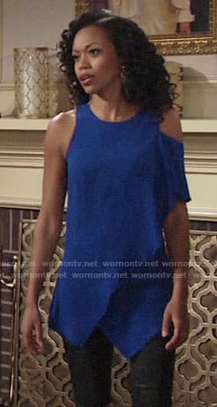 Hilary’s blue one-shoulder top on The Young and the Restless