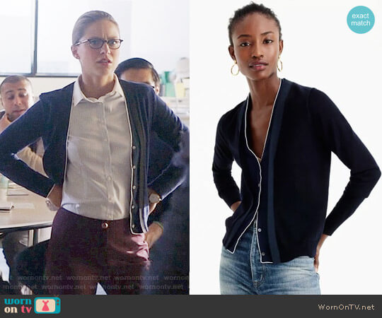 J.Crew Harlow Cardigan with Tipped Silk Underlay worn by Kara Danvers (Melissa Benoist) on Supergirl
