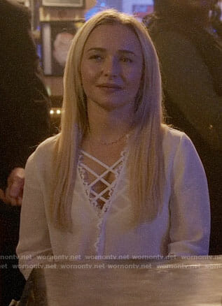 Juliette’s white lace trim blouse and strappy bralette on Nashville