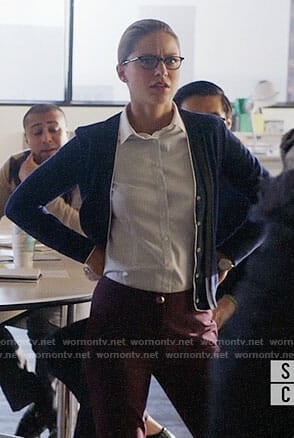 Kara’s striped shirt and navy cardigan with white trim on Supergirl