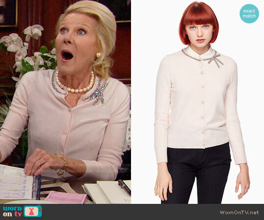 Kate Spade Embellished Bow Cardigan in Rose Dew worn by Pamela Douglas (Alley Mills) on The Bold and the Beautiful