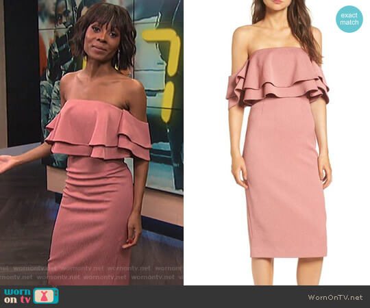 Keepsake No Reason Off the Shoulder Sheath Dress worn by Zuri Hall on E! News