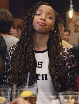 Jazlyn’s leopard print bomber jacket and white tee on Grown-ish