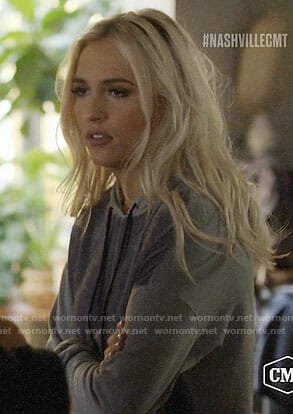 Maddie’s grey velvet hoodie on Nashville