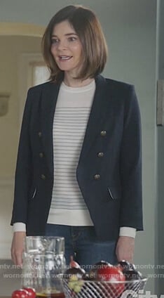 Heather’s navy double breasted jacket on Life in Pieces