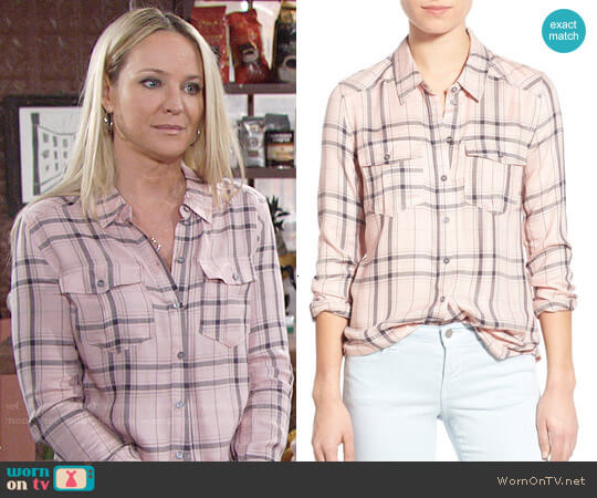 Paige Mya Plaid Shirt in Rosette Steel Grey worn by Sharon Newman (Sharon Case) on The Young and the Restless