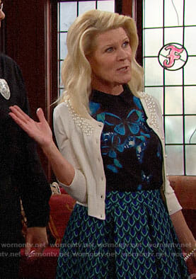 Pam’s butterfly print top and pearl embellished cardigan on The Bold and the Beautiful
