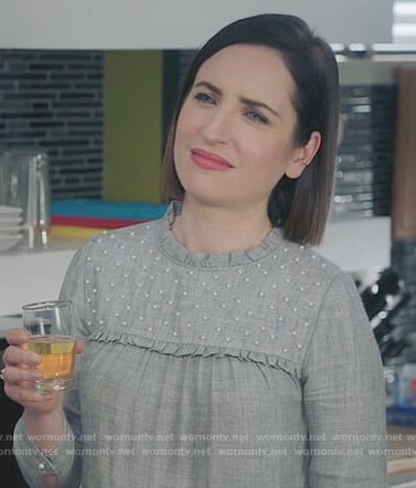 Jen’s gray pearl embellished top on Life in Pieces