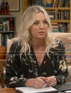 Penny’s black floral v-neck blouse on The Big Bang Theory