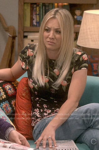 Penny’s black peach print top on The Big Bang Theory