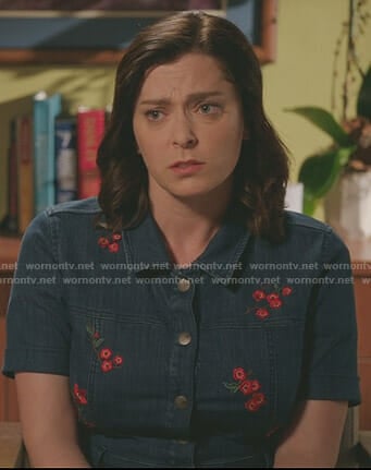 Rebecca’s floral embroidered denim dress on Crazy Ex-Girlfriend