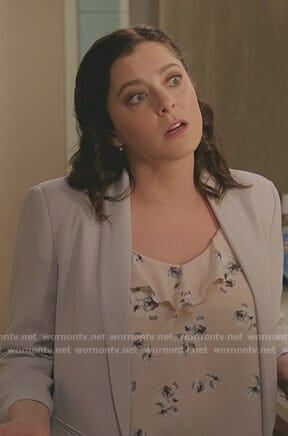 Rebecca’s pink floral ruffled top on Crazy Ex-Girlfriend