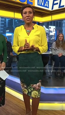 Robin’s yellow blouse and green floral skirt on Good Morning America