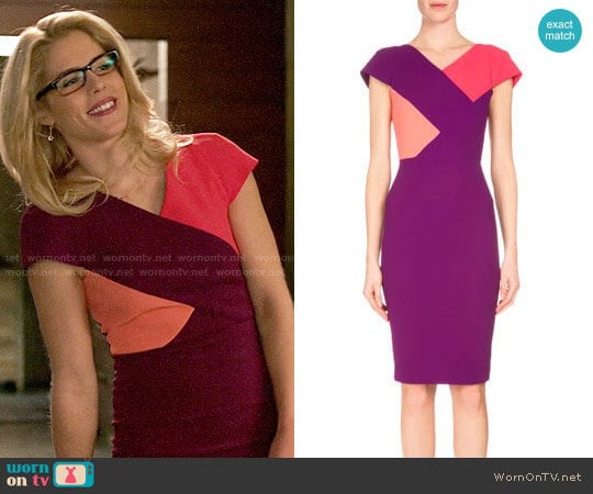 Roland Mouret Tournay Colorblock Sheath Dress worn by Felicity Smoak (Emily Bett Rickards) on Arrow