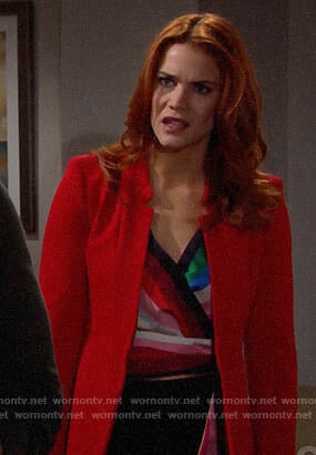 Sally’s rainbow striped top and red coat on The Bold and the Beautiful