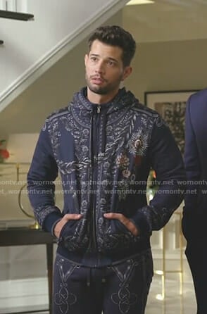 Sam’s navy medal printed hoodie and sweatpants on Dynasty