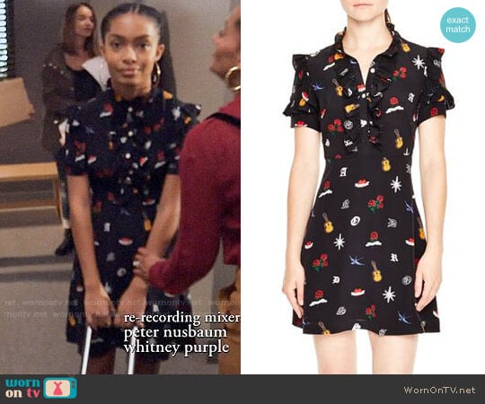 Sandro Ruffle Trim Tattoo Print Silk Dress worn by Zoey Johnson (Yara Shahidi) on Black-ish