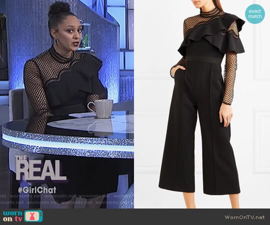 Self Portrait Cropped Ruffled Guipure Lace and Crepe jumpsuit worn by Tamera Mowry on The Real