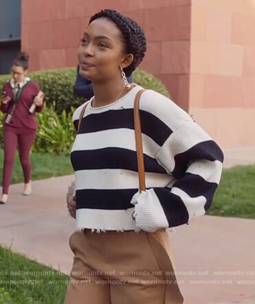 Zoey’s striped sweater and ruffle pants on Grown-ish