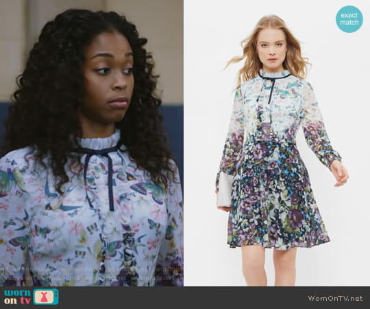 Ted Baker MEELIA Entangled Enchantment ruffled neck dress worn by Anissa Pierce (Nafessa Williams) on Black Lightning