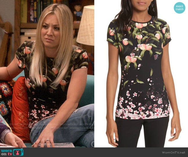 Ted Baker Delilee Peach Blossom Fitted T-shirt worn by Penny Hofstadter (Kaley Cuoco) on The Big Bang Theory