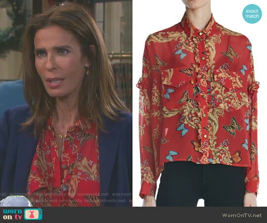 The Kooples Ruffled Leaf & Butterfly-Print Silk Shirt worn by Hope Williams (Kristian Alfonso) on Days of our Lives