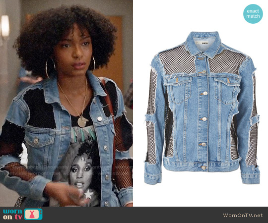 Topshop MOTO Oversized Denim Fishnet Jacket worn by Zoey Johnson (Yara Shahidi) on Grown-ish