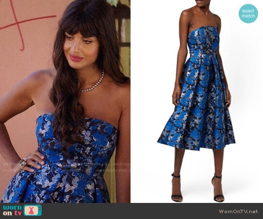 Topshop Shadow Jacquard Strapless Midi Dress worn by Tahani Al-Jamil (Jameela Jamil) on The Good Place