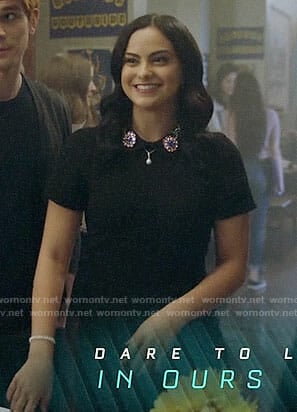 Veronica’s black short sleeved dress with floral embellished collar on Riverdale