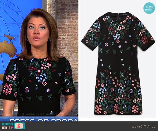 Zara Flower Embroidered Dress worn by Norah O'Donnell on CBS Mornings