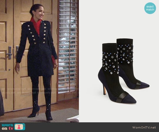 Zara Embellished Sock-Style Ankle Boots worn by Lily Winters (Christel Khalil) on The Young and the Restless