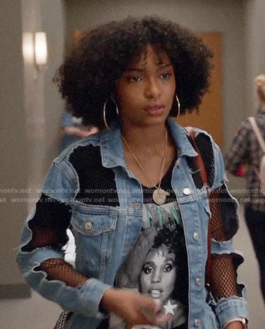 Zoey’s distressed denim jacket with mesh panels on Grown-ish